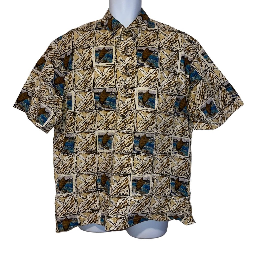 Vtg Hilo Hattie Hawaiian Shirt Mens XL Canoe Sail Beach Vacation Aloha Leaf Tan